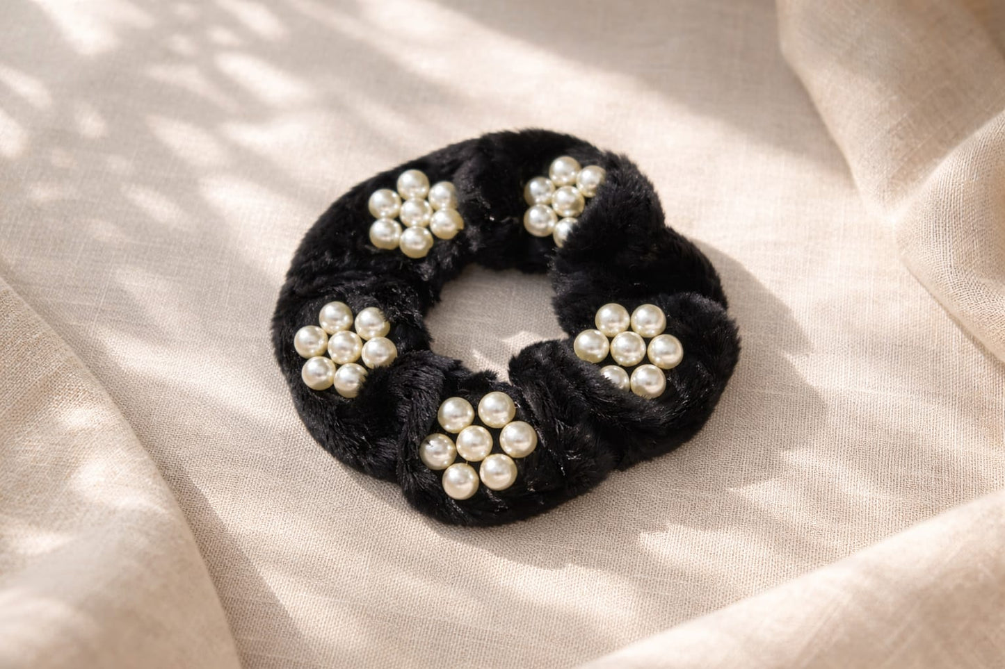 Luxury Pearl Studded Faux Fur Hair Scrunchy for Girls & Women – 1 Pc