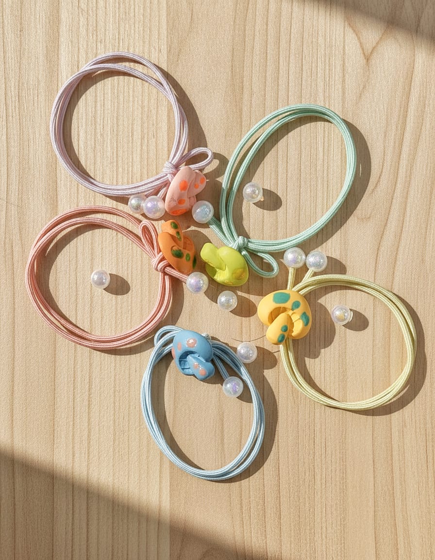 Cute Pastel Hair Rubber Bands Combo (5 Pcs) with Beads & Mini Charms – Girls & Kids Hair Accessories