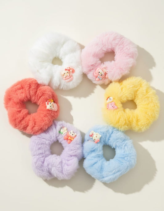 Fluffy Faux Fur Hair Scrunchy with Cute Cartoon Charm – Soft Plush Ponytail Holder (1 Pc)